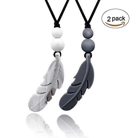 Silicone Chew Necklace, Feather Sensory Teething Teether Toys and Shower Gift for baby Nursing Mom Autism & ADHD Childrens or Oral Motor Special Needs kids, Food Grade - 2Pack (Gray/Marble)