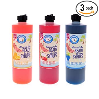 Hawaiian Shaved Ice or Snow Cone Syrups, 3 Pack, Pints, Multiple Flavors, 16 Fl. Oz each (Blue Raspberry, Tiger’s Blood, Dreamcicle)