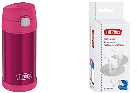 Thermos Pink Funtainer 12 Ounce Bottle & Replacement Straws for 12 Ounce Funtainer Bottle, Clear