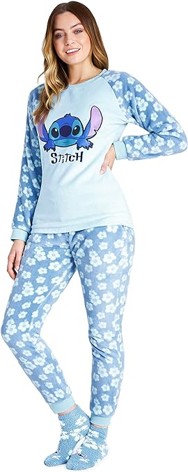 Disney Pigiama Donna Invernale in Pile con Calze Stitch Topolino Minnie Baby Yoda