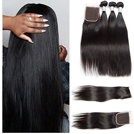 VIPbeauty 7A Grade Brazilian Virgin Straight Hair 100% Unprocessed Bundles Deals With 44 Free Part Closure Natural Black 95-100g/pc(10 10 10 with 10)