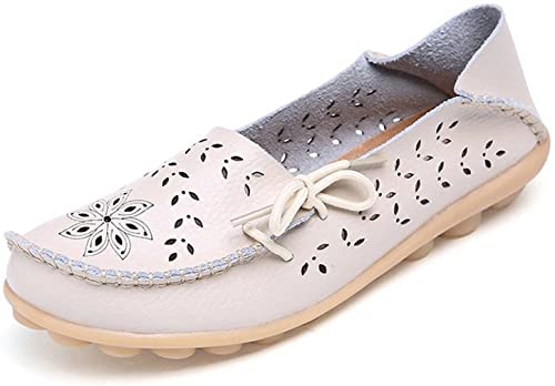 Womens Leather Moccasins Casual Loafer Flat Boat Shoes Lace-Up Slip On Driving Shoes