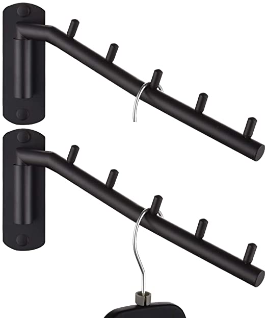 JQK Folding Clothes Hanger Rack, Stainless Steel Swing Arm Hook Holder, Clothing Hanging System Drying Closet Storage Organizer Matte Black Wall Mount 2 Pack, SHR100-PB-P2