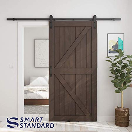 SMARTSTANDARD 42in x 84in Sliding Barn Door with 8ft Barn Door Hardware Kit & Handle, Pre-Drilled Ready to Assemble, DIY Unfinished Solid Cypress Wood Panelled Slab, K-Frame, Brown