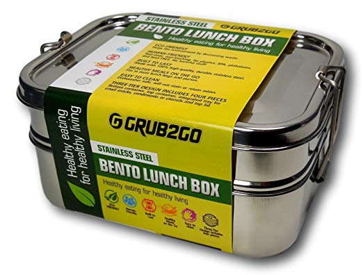 Plastic Free Stainless Steel Lunch Container by GRUB2GO   FREE BENTO FOOD IDEAS GUIDE | Premium 3-Layer 1600 ML Metal Tiffin Bento Box