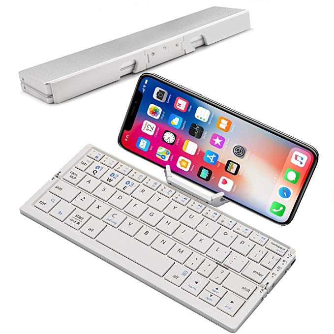 Mini Folding Bluetooth Keyboard, Raydem Portable Wireless Keyboard with Stand Holder, Ultra Thin Pocket-Sized Aluminum Alloy Base with Carry Pouch for iPad, iPhone, Tablets, iOS, Android, Windows