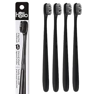 hello Charcoal Soft Toothbrush with Activated Charcoal from Sustainable Bamboo, BPA- Free, Made from Plant-Based Materials, 4 Pack