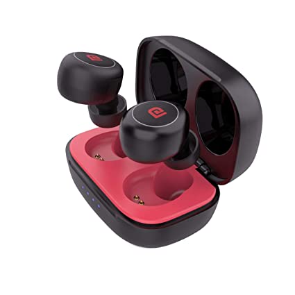 Portronics Harmonics Twins Mini POR-1164 Small Size HD True Wireless Stereo Headphones with High Bass, LED Indicator, TWS Bluetooth 5.0 Wireless Earphones(Black-Red)