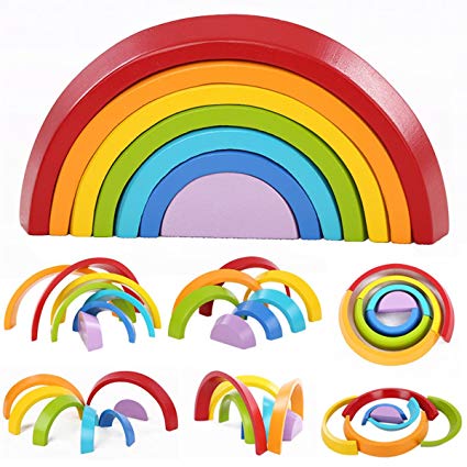 KINGSO Grimm's Wooden Rainbow Stacker Toys 7Pcs Nesting Stacking Game Educational Learning Toy Puzzle/Creative Colorful Building Blocks for Kids Baby