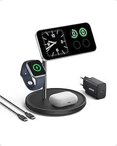 Anker MagGo 3-in-1 Kabellose Ladestation, 15W kabelloser Ladeständer, MagSafe-kompatibel, Qi2-zertifiziert, für iPhone 15/14/13 Serie, AirPods Pro, Apple Watch Ultra (Mit USB-C Netzteil und Kabel)