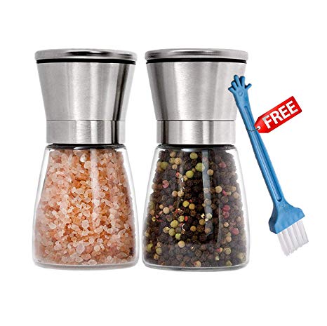 Premium Salt and Pepper Grinder Set of 2 - Refillable Coarseness Adjustable Stainless Steel Salt and Pepper Mill Shakers With Lid 6 OZ Glass Body And Free Cleaning Brush
