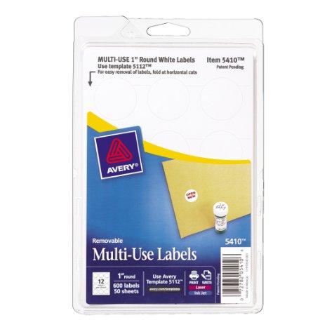 Avery Self-Adhesive Removable Labels, 1-Inch Diameter, White, Pack of 600  (5410)