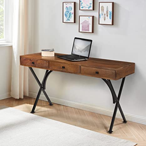 FirsTime & Co. Solid Mango Wood Brown Carter Desk, Writing Desk, Compact Computer or Laptop Desk for Home Office, Metal Frame, Farmhouse, 54 x 22 x 29 inches