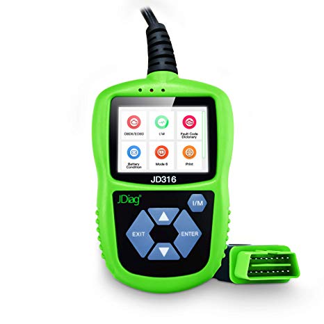 JDiag Code Reader CAN Diagnostic Scan Tool Universal OBD2 Scanner JD316 Color Screen with Mode 6 Suitable OBD II Protocol/Standard 16-pin OBD-II Interface/Battery Test (Green JD316)