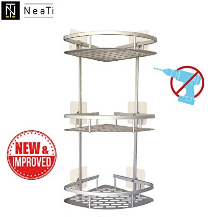 NeaTi Shower corner shelf caddy 3 tier in aluminum (RUSTPROOF) with no drilling (super strong adhesives). Bathroom wall mount corner rack basket. New IMPROVED version.