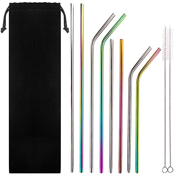 Set of 8 Stainless Steel Drinking Straws for 30oz 20oz RTIC Tumbler Yeti or Ozark Trail Ramblers Cups Mugs, Reusable Multi-Colored Straws with Cleaning Brush. 6mm Metal Bent