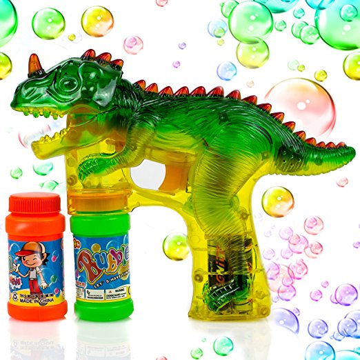 Toysery Dinosaur Bubble Shooter Gun Light Up Bubbles Blower with LED Flashing Lights and Dinosaur Sound Toy for Kids, Boys and Girls.