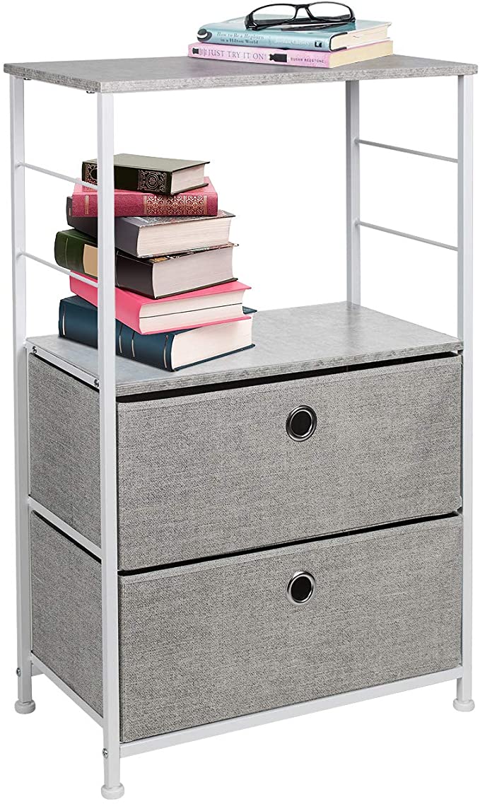 Sorbus Nightstand 2-Drawer Shelf Storage - Bedside Furniture & Accent End Table Chest for Home, Bedroom, Office, College Dorm, Steel Frame, Wood Top, Easy Pull Fabric Bins (Gray)