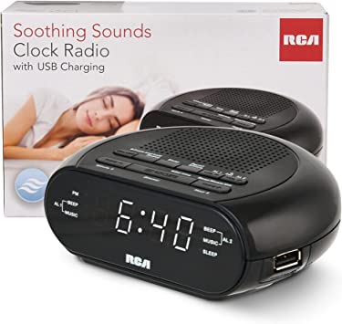 RCA Dual Alarm Clock Radio with Soothing Sounds and USB Charging – Snooze, SleepFunction, Adjustable Brightness, AC Power, Black (RCS27)