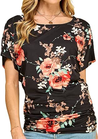Made by Johnny Women's Solid Short Sleeve Boat Neck V Neck Dolman Top with Side Shirring-Made in U.S.A.