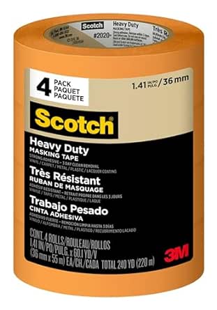 Scotch Heavy Duty Painter's Tape, 4 Rolls, 1.41 in x 60.1 yd, For Use On Vinyl, Carpet, Metal, & Plastic, Indoor & Outdoor Masking Tape, Bonds Aggressively, 3-Day Clean Removal (2020 -36AP4)