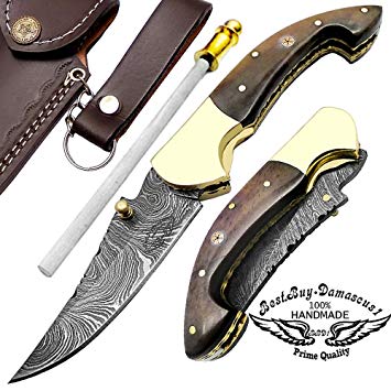 Brown Bone 7.5" Custom Handmade Damascus Steel Brass Bloster Lock Folding Pocket Knife 100% Prime Quality with Sharpening Rod