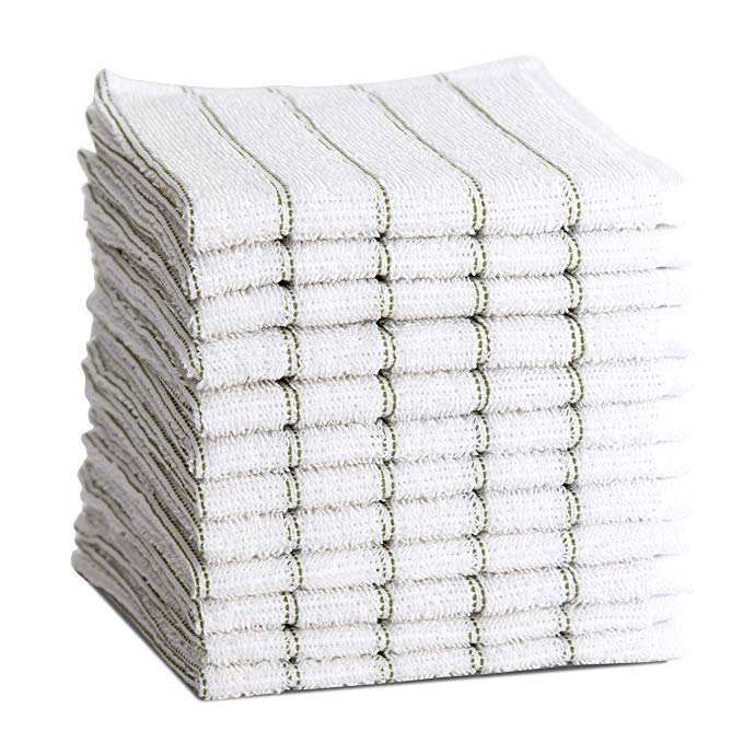 Maspar Dish towels, 100% cotton, 12 x12 inch, White with Green stripe, Terry, Woven, Absorbent, Quick Dry, Chemical free, Machine Washable, 12 pack set