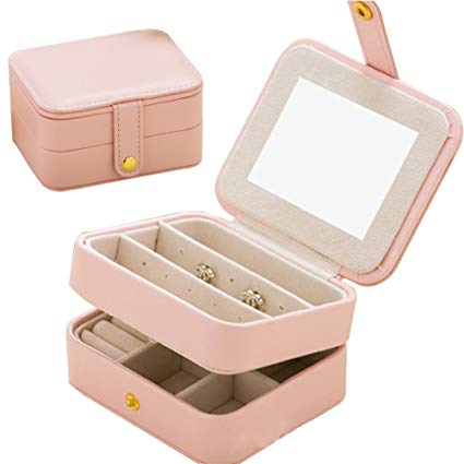 Jewelry Organizer Box-Nasion.V Travel Portable Jewelry Storage Case Accessories Holder Pouch Bulit-in Mirror with Environmental Faux Leather for Earring,Lipstick,Necklace,Bracelet,Rings Pink
