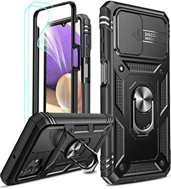 Galaxy A32 5G Case, Samsung A32 5G Case with Slide Camera Cover   [2 Pack] HD Screen Protector, LeYi 360 Full Body Military-Grade Phone Case with Kickstand for Samsung Galaxy A32 5G, Black