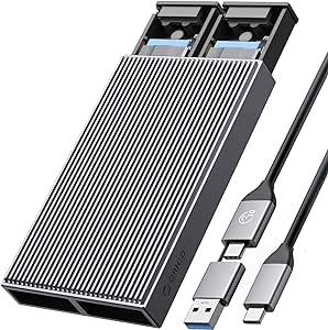 ORICO Dual M.2 NVMe SATA SSD Enclosure, USB C to M2 Adapter for M Key PCIe & B M Key 2230/2242/2260/2280 M.2 SSDs,Tool-Free Installation Aluminum M.2 Reader Support Trim and UASP up to 2x4TB-BM2-2SN