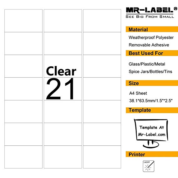 Mr-Label Clear Removable Waterproof Adhesive Spice/Seasoning Labels - Laser Print Only (21 labels per sheet, 10 A4 sheets)