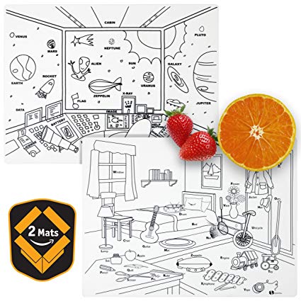 SIZE 16" X 12" - Kids Placemats silicone coloring non slip educational washable reusable dishwasher-safe BPA-free placemats - Space and Room : by HEXATAL
