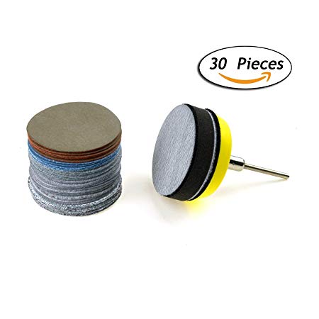 2 inches Multiple Grits Aluminum Oxide White Dry & Wet/Dry Hook and Loop Sanding Discs with a 1/8 inch Shank Backing Pad   Foam Buffering Pad, 5-pieces Each of 60, 240, 600, 1000, 5000, and 10000
