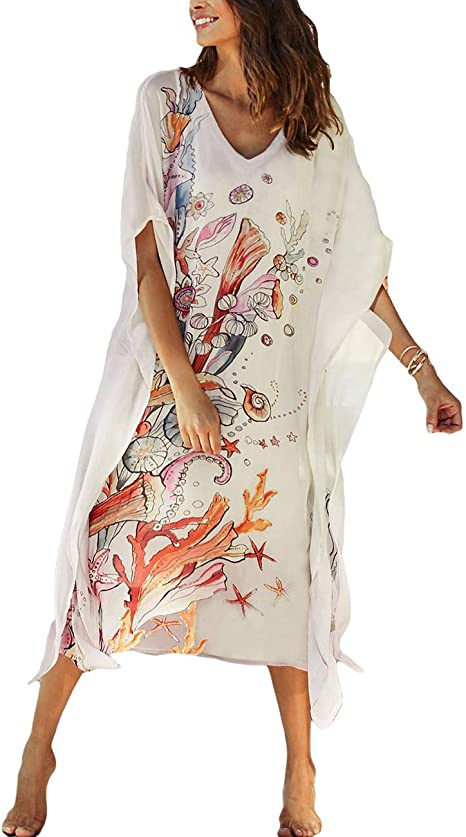 Bsubseach Women's Print Turkish Kaftan Beachwear Bikini Cover Up Maxi Dress