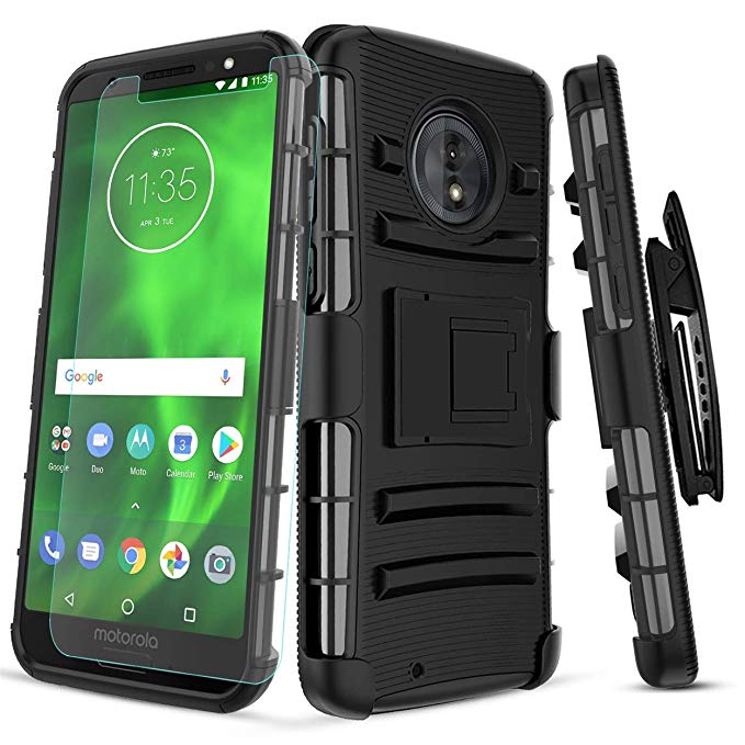 ORALER Moto G6 Case,Moto G6 Phone Case Heavy Duty Shock Resistant Belt Clip Kickstand with Tempered Glass Screen Protector for Men,Black