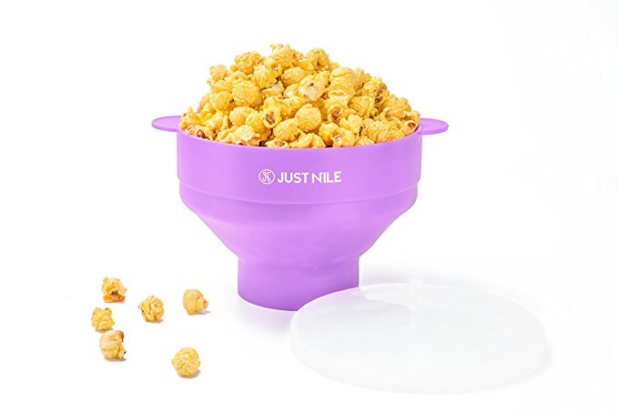 JustNile Collapsible Microwave Popcorn Popper with Bonus Recipe Book, Silicone Popcorn Maker for Healthy, Irresistible, Homemade Popcorn on Movie Night, or Any Night, 100% Free of BPA and PVC - Purple