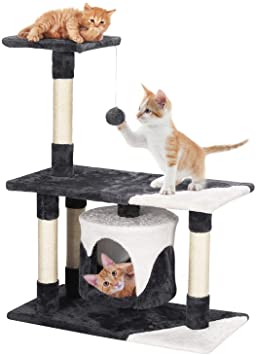 Yaheetech 90cm Cozy Cat Tree Kitten Tower with 4 Sisal Cat Scratching Posts/Extended Platform/Broad Perch/Cozy Condo/Kitten Toy in Dark Grey & White