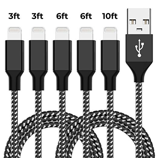 [5 Pack] Lightning Cable Vidgoo Durable Nylon Braided Fast Charging High Speed Data Transmission Cable Compatible with iPhone Xs/XS Max/XR/X/8/7/6/5 iPad Mini/Pro/Air iPod