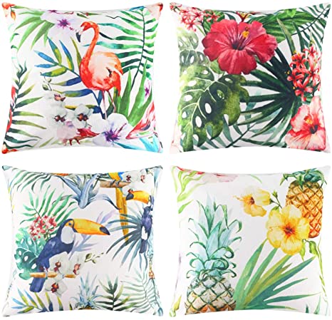 Johouse 4PCS Flamingo Throw Pillow Covers Decorative Tropical Leaves Toucan Parrot Pattern Cushion Covers for Patio Sofa Couch Summer Holiday Home Decoration,18 X 18 Inch