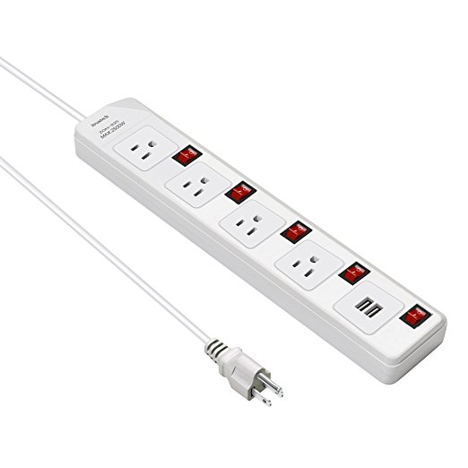 iTrustech™ Power Strip Surge Protector 4 Way Single-Control Switched Outlet 2 USB Charging Ports 2M Extension Cords (White)
