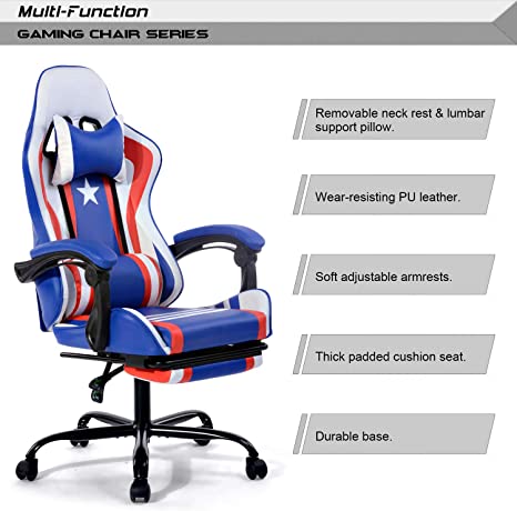 HOMYCASA High Back Executive Ergonomic Game Racing Computer Office Chair PU Leather 360 Swivel Tilting Function Study Room (Blue White Red with Footrest)