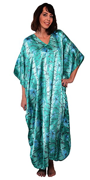 Satin Caftan, Print with Under Water Lillies, Plus Size, Style#Caf-46