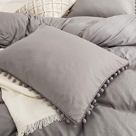 MOVE OVER Grey Pom Poms Pillow Case, Light Grey Pillowcases Set of 2, 100% Washed Microfiber, Gray Ball Fringe Pillow Shams King, 2 Pack (King, Light Grey)