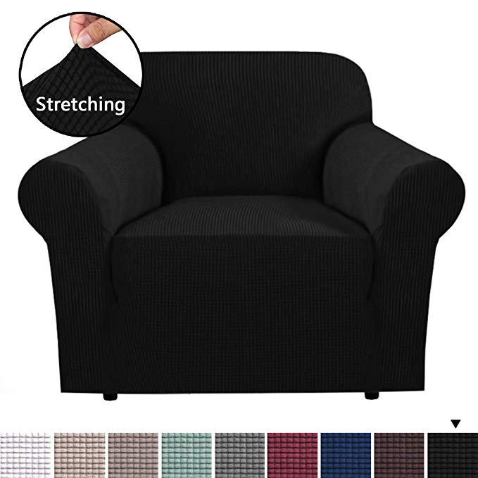 H.VERSAILTEX 1 Piece Couch Cover Stretch Stylish Furniture Cover/Protector Featuring Jacquqard Textured Twill Fabric, High Spandex Lycra Slipcover Machine Washable/Skid Resistance (Chair, Black)