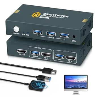 USB3.0 HDMI KVM Switch 2 Computers 1 Monitor,2 Port Monitor Switch with 3 USB3.0 Port for 2 PC Sharing Keyboard & Mouse, 4K@60HZ,EDID Adaptive