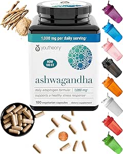 1000mg Organic KSM-66 Ashwagandha Herbal Supplements per Daily Serving of 2 Capsules,Help Support Healthy Stress Response,Bottle of 180 Count(90 Day Supply) w. A Color Screw Lid Water Cup Scale 4-12oz