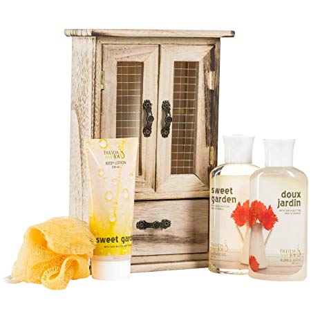 Freida and Joe Sweet Garden Fragrance Spa Gift Set Perfect for Women, Includes a Shower Gel, Bubble Bath, Body Lotion, and Bath Puff, with Moisturizing Shea Butter
