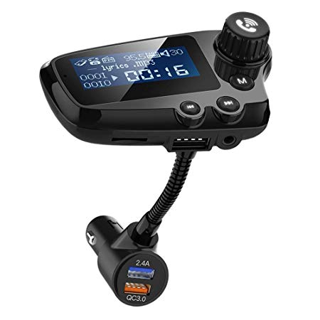 Wodgreat Bluetooth FM Transmitter, Bluetooth 5.0 Car Radio Transmitter with 1.74 Inch Disply Dual USB Ports QC3.0  5V/2.4A, MP3 Player Handsfree Calling Support TF Card AUX Output