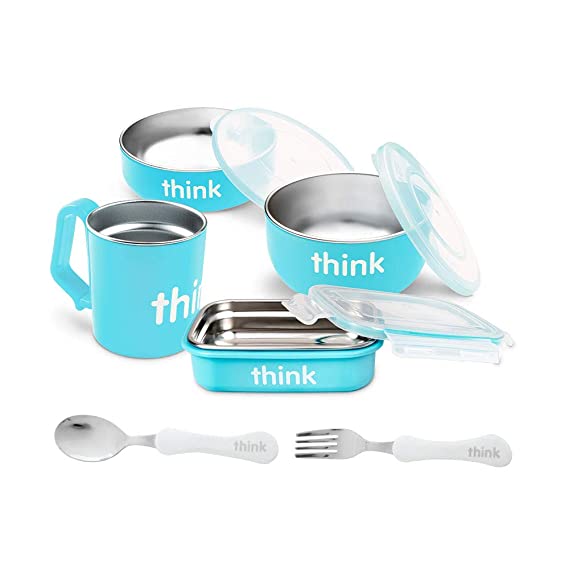 Thinkbaby 9-Piece Feeding Set | Baby Bowl, Cereal Bowl, Bento Box, Lids, Kids Cup, Fork & Spoon | BPA-Free, Stainless Steel Removable Interior - Light Blue