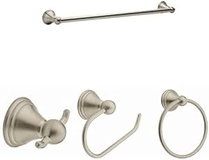 Bundle of Moen Preston Collection Brushed Nickel 24-Inch Bathroom Single Towel Bar, DN8424BN   Double Robe Hook, DN8403BN   Single Post Toilet Paper Holder, DN8408BN, and 7-inch Towel Ring, DN8486BN